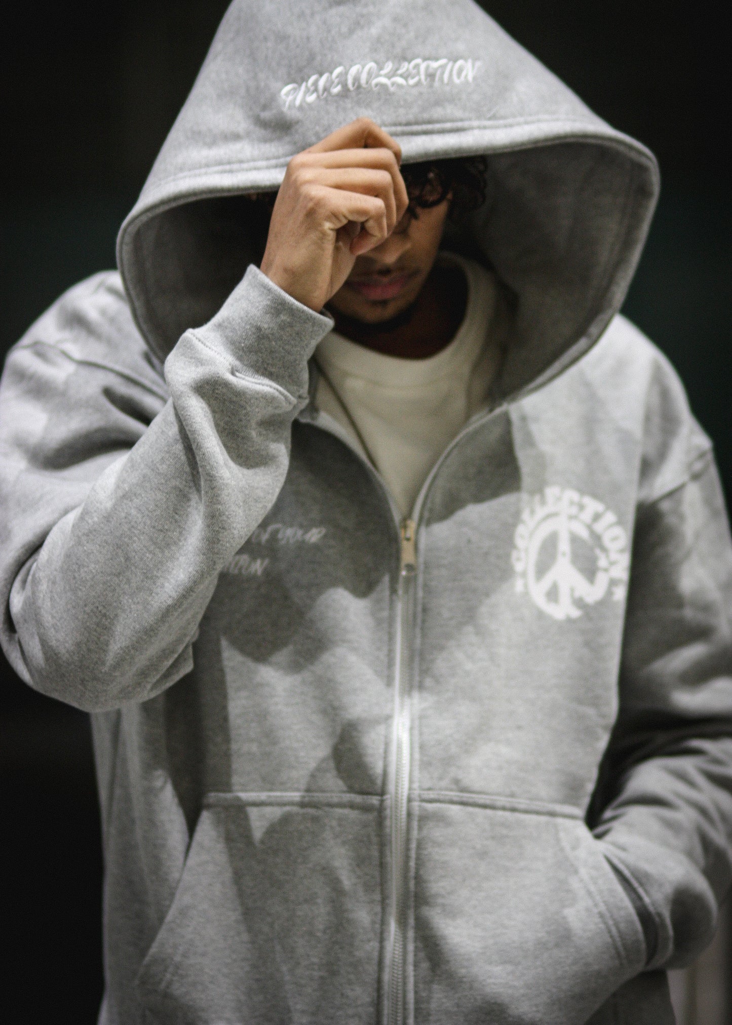 Piece Collection Zip Up Hoodie | Grey / White