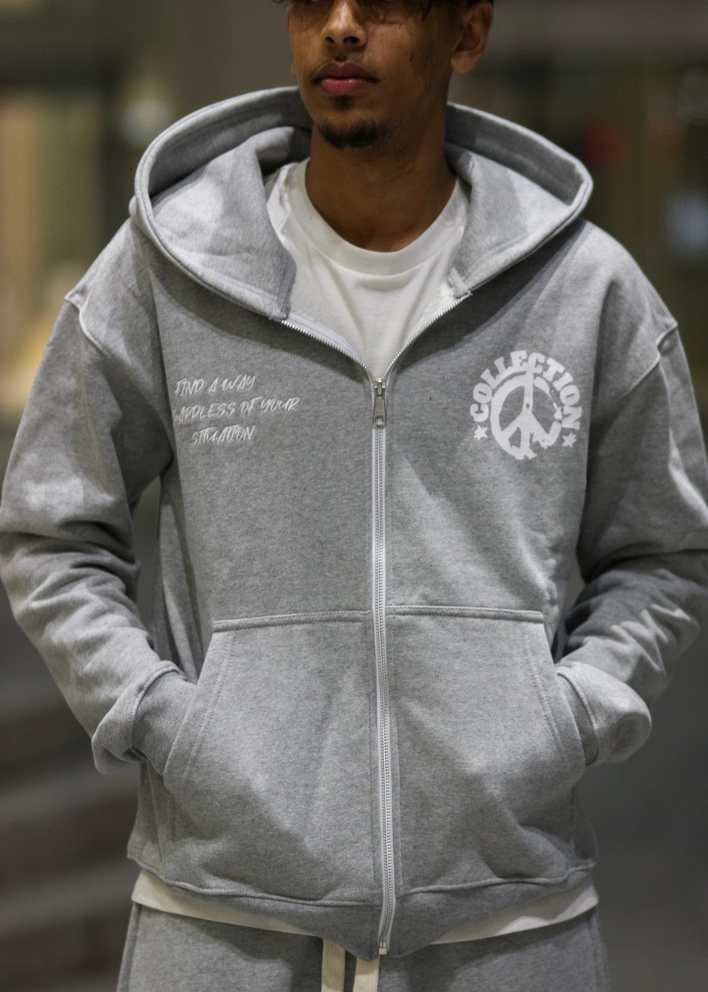 Piece Collection Zip Up Hoodie | Grey / White